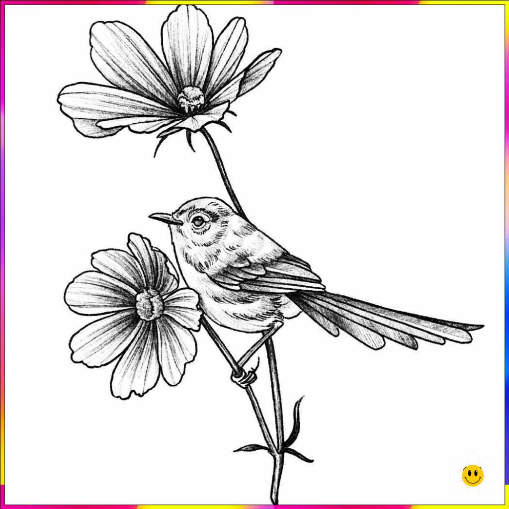 realistic drawing of a flower with a bird
